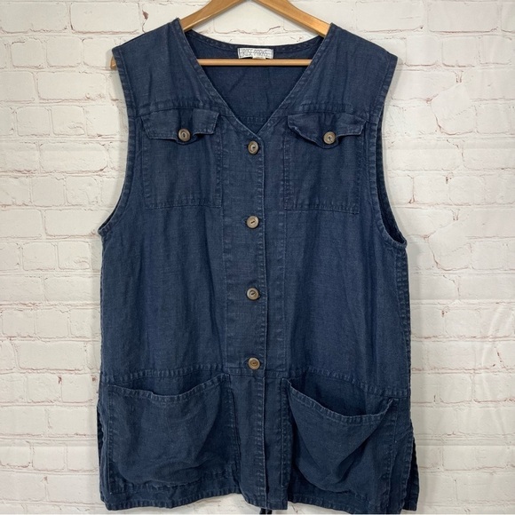 Rose Parks Top Womens 3 Blue Tunic Shirt Vest Linen Button Up Hi Low Pockets - Picture 2 of 11